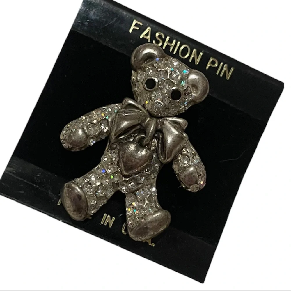 Vintage Crystal Teddy Bear Brooch Aurora Borealis Sparkle Pin 1980s Made In USA